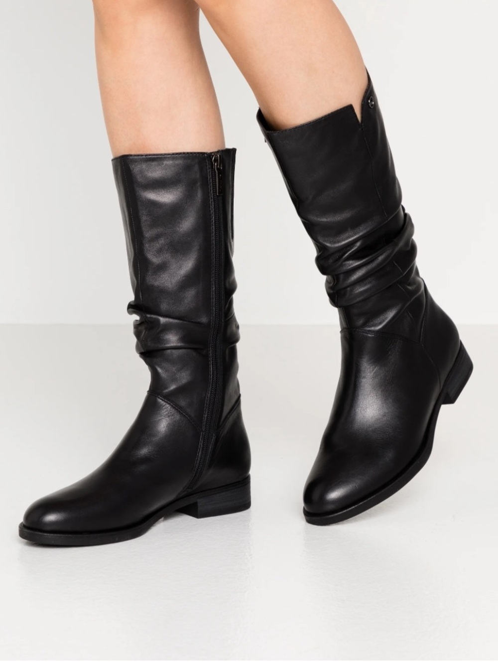 ALDO Black faux Leather slouchy Mid-Calf Boots side zipper round toe flats sz 8